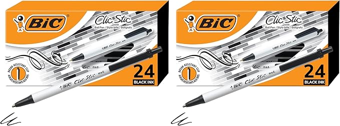 BIC Clic Stic Black Retractable Ballpoint Pens,Medium Point (1.0mm),Round Barrel Design for Comfortable Writing,24 Count (Pack of 2)