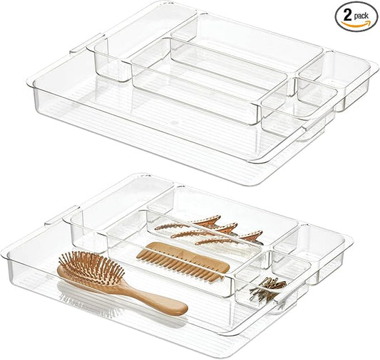 iDesign Makeup Drawer Organizer-Storage Cosmetics or Jewelry, Set of 2, Clear Luci Divided Expandable Tray-Large M2