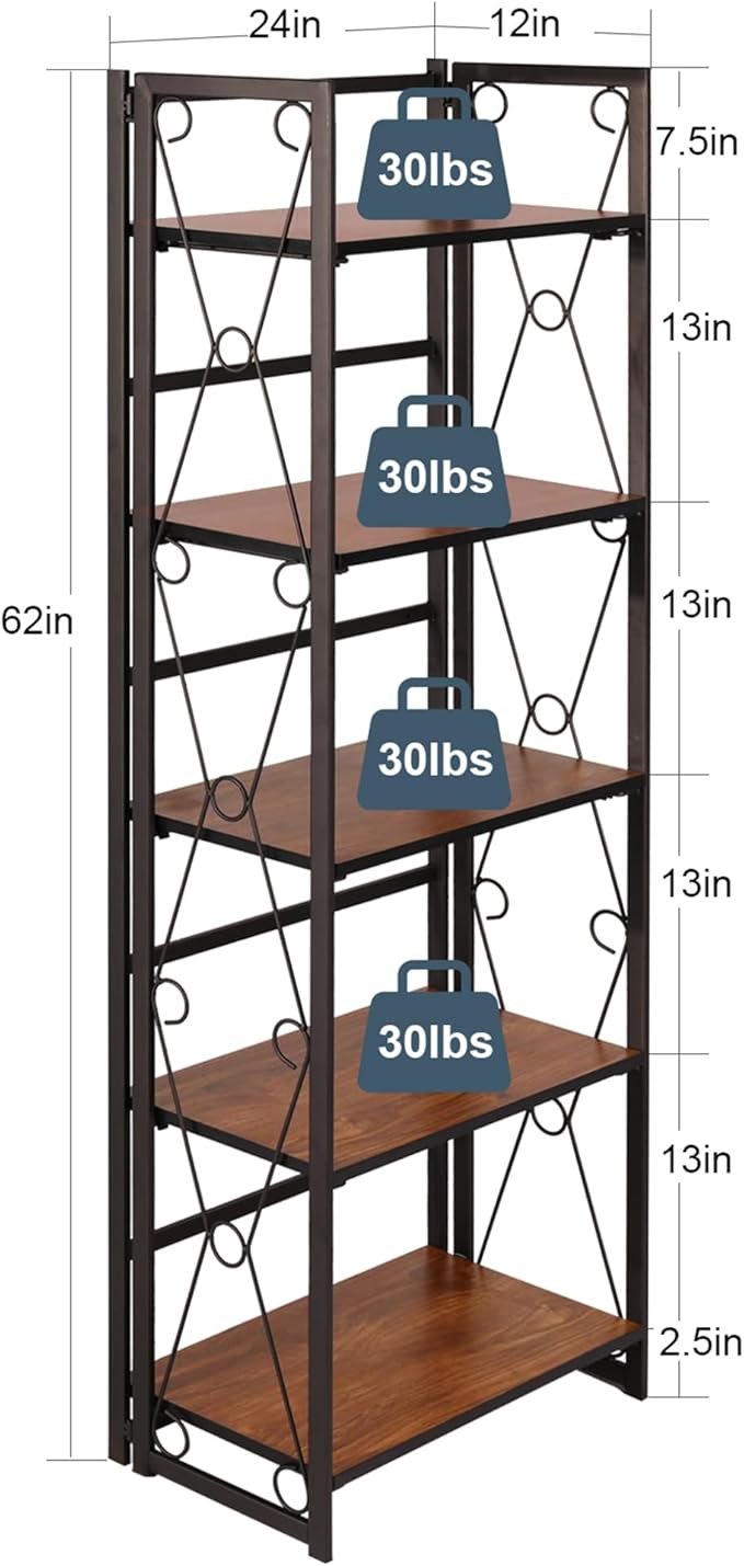 VECELO Folding Bookshelf 5-Tier,Industrial Metal Frame & Wood Shelves,Foldable Bookcase No Assembly Free Standing Storage Organizer for Living Room,Office,Bedroom