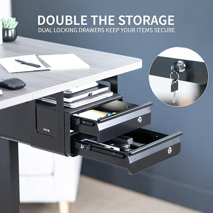 VIVO 13 inch Under Desk Double Stacked Slide Out Drawers with Lock, Secure Home Office Storage Organizer, Black, DESK-AC03L-2B