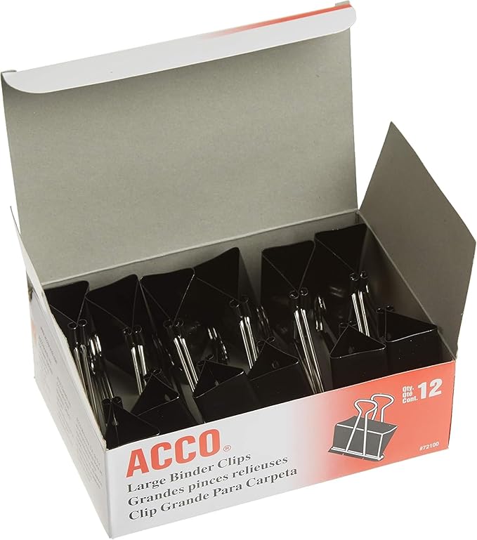 ACCO Brands Binder Clips, Large, 1 Box, 12 Clips/Box (72100)
