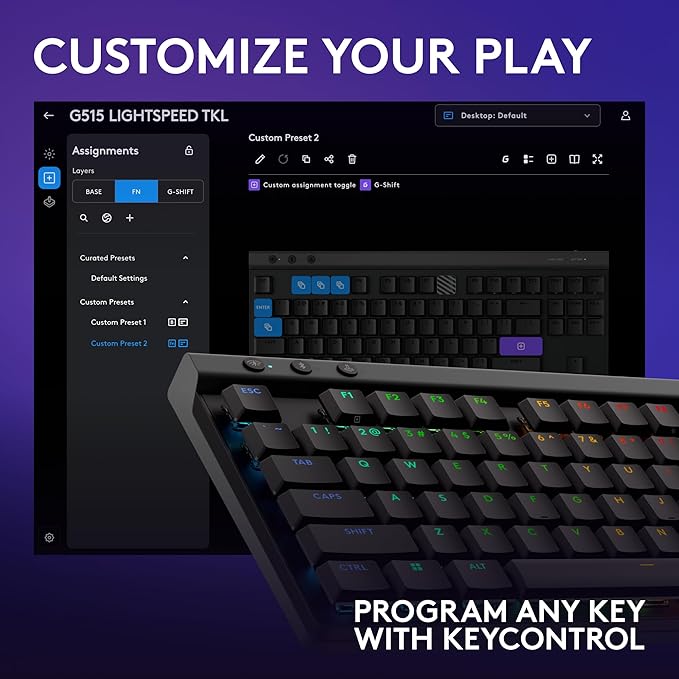 Logitech G515 Lightspeed TKL Low Profile Wireless Gaming Keyboard, LIGHTSYNC RGB, Thin Tenkeyless Design, PBT Keycaps, Tactile (Brown) Mechanical Switches - Black
