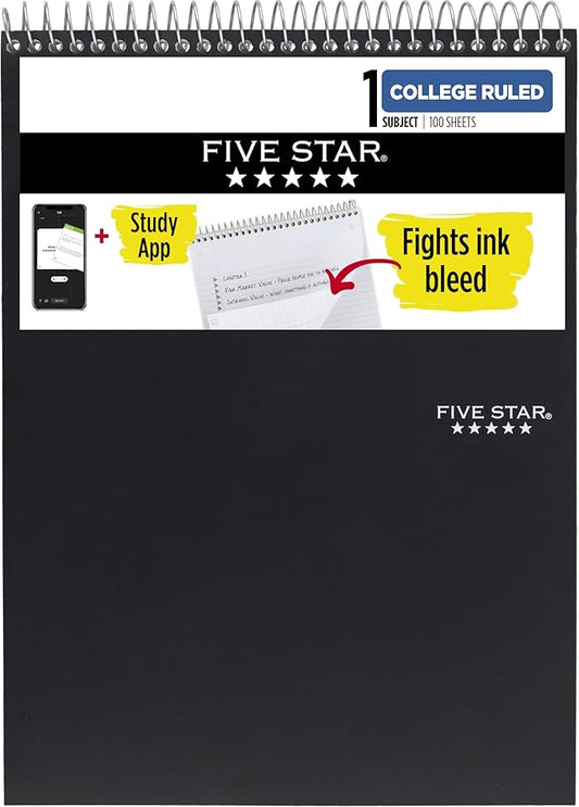 Five Star Top Spiral Notebook + Study App, 1 Subject, College Ruled Notepad, 8-1/2" x 11", 100 Sheets, Fights Ink Bleed, Water Resistant Cover, Black (820058A-ECM)