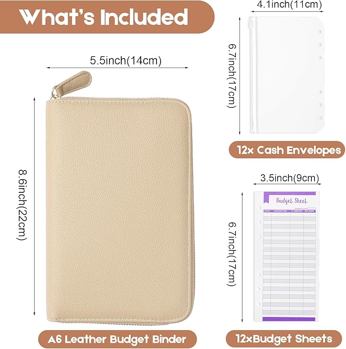 SEEKIND A6 Budget Binder, Money Saving Binder with Zipper Envelopes, PU Leather Wallet Budget Planner,Cash Envelopes and Expense Budget Sheets for Budgeting (Apricot)