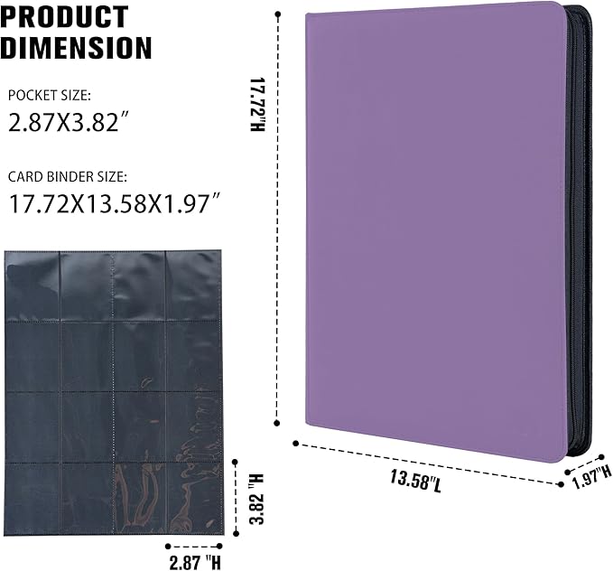 Card Binder 16 Pocket,Trading Card Binder Holds up to 1408 Cards with 44 Sleeves,Zipper Card Holder Album Compatible with TCG Card/Game Cards/Sports Card-Lavender Purple