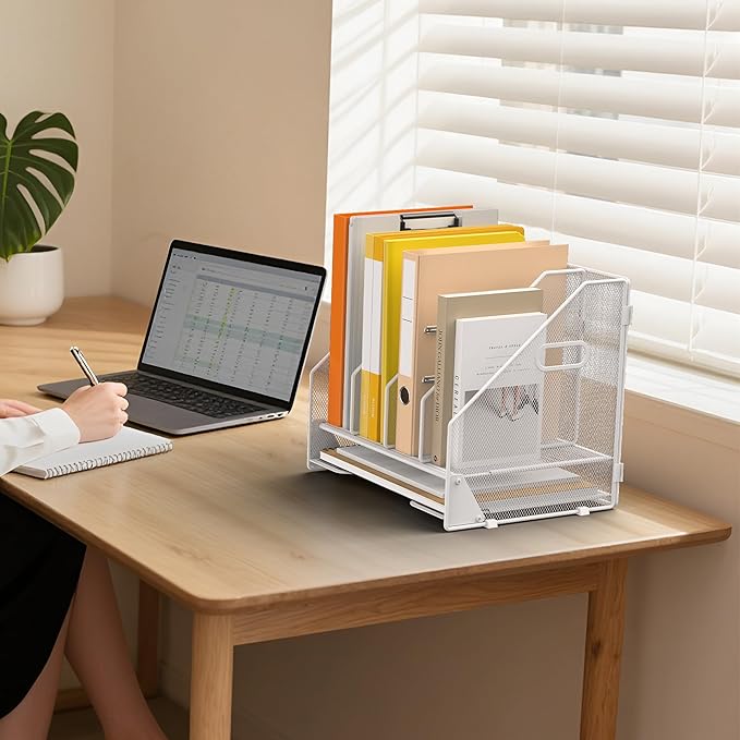 Desk File Folder Holder Organizer-4 Vertical Compartments Racks and Paper Letter Tray,Mesh Magazine File Holder Sorter,Desktop Accessories & Workspace Organizers for Home,Office,School-White