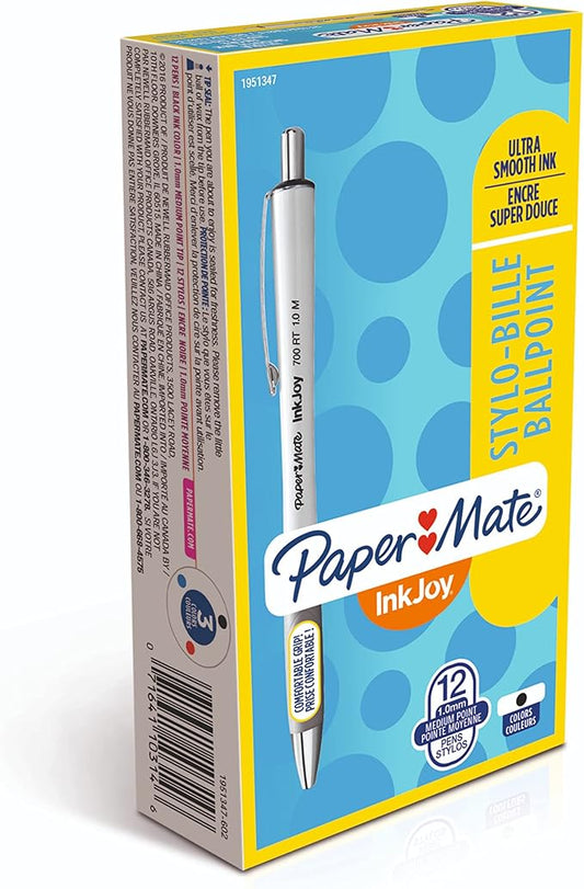 Paper Mate InkJoy 700RT Retractable Ballpoint Pens Medium Point White Barrel Black Ink 12 Count