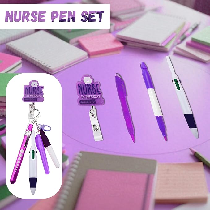 Student Nurse Pen Set Badge Reel Holder Accessories Clip, Retractable Mini Nursing Pen & Light Tool Set， Highlighter pens and Highlighter pens（Purple）