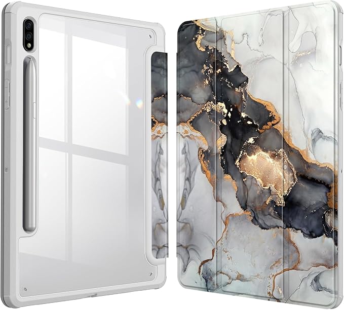 Fintie Hybrid Slim Case for Samsung Galaxy Tab S8/Tab S7 11 Inch (Model SM-X700/X706/T870/T875/T878) with S Pen Holder, Shockproof Cover with Clear Transparent Back Shell, Cloudy Marble