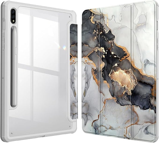 Fintie Hybrid Slim Case for Samsung Galaxy Tab S8/Tab S7 11 Inch (Model SM-X700/X706/T870/T875/T878) with S Pen Holder, Shockproof Cover with Clear Transparent Back Shell, Cloudy Marble