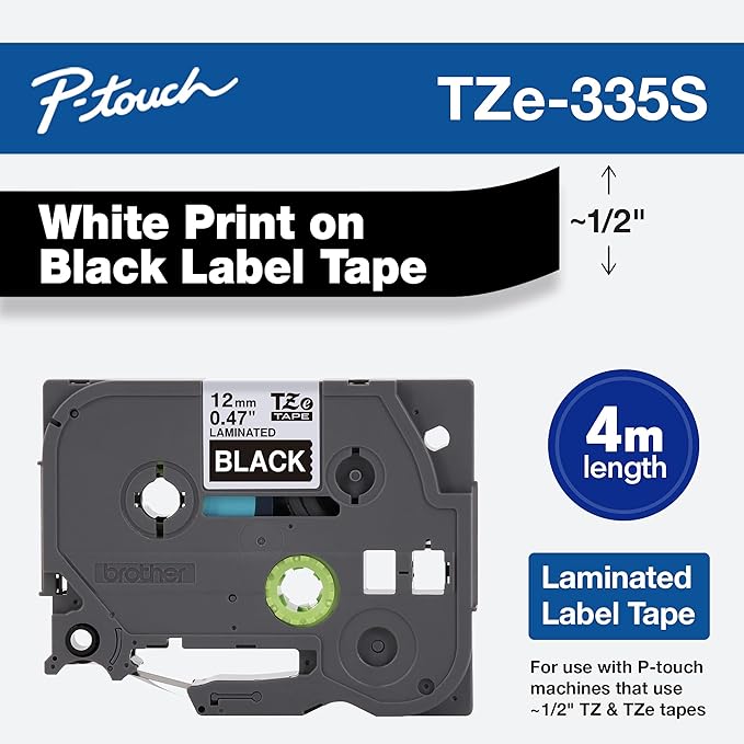 Brother Genuine P-Touch TZe-335S Economy Label Tape, Standard Laminated P-Touch Tape, White on Black, Perfect for Indoor or Outdoor Use, Water Resistant, (4M), Single-Pack (Pack of 2)