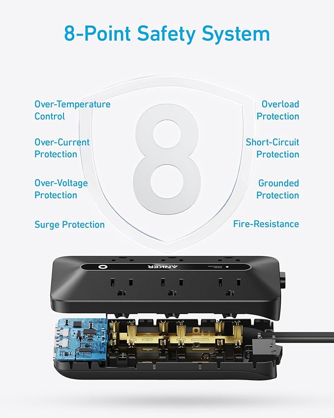 Anker 300J Flat Plug 10-in-1 Ultra Thin Power Strip with 6 AC, 2 USB-A & 2 USB-C Ports, Extension Cord, Desk Charging Station for Home, Office, College, Dorm, 5 Feet, Black (Pack of 2)