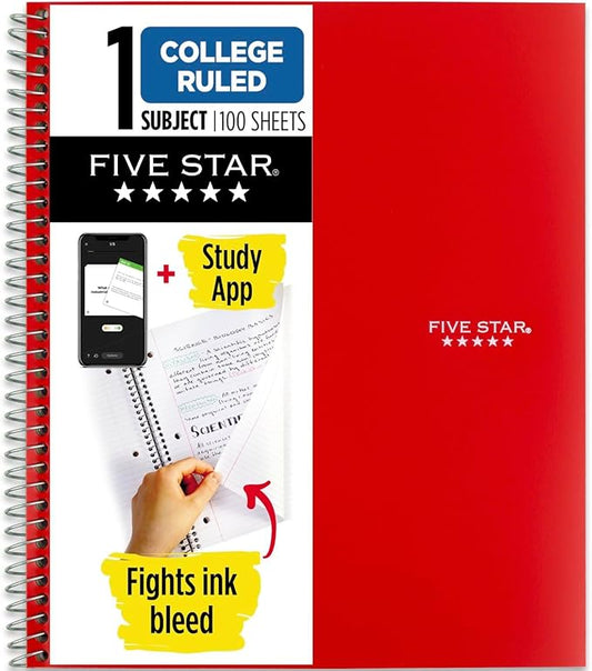Five Star Spiral Notebook Plus Study App, 1 Subject, College Ruled Paper, 100 Sheets, 8-1/2" x 11", Fire Red (72053)