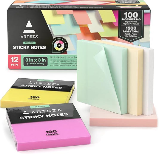 ARTEZA Sticky Notes, 3x3 Inches, 12 Pads, Bulk Pack of Assorted Multicolor Self-Adhesive Notes for Office, School & Home