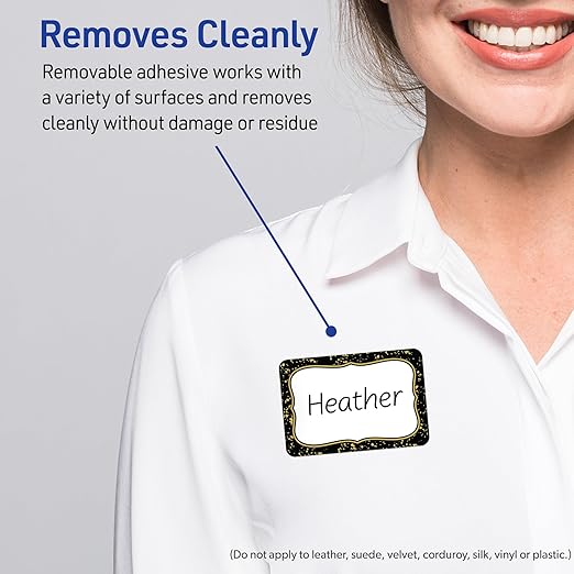 Avery Printable Adhesive Name Badges, 2-1/3" x 3-3/8", Pre-Printed Black Border with Metallic Gold Specs Design, Matte White, Laser & Inkjet Compatible, 80 Total
