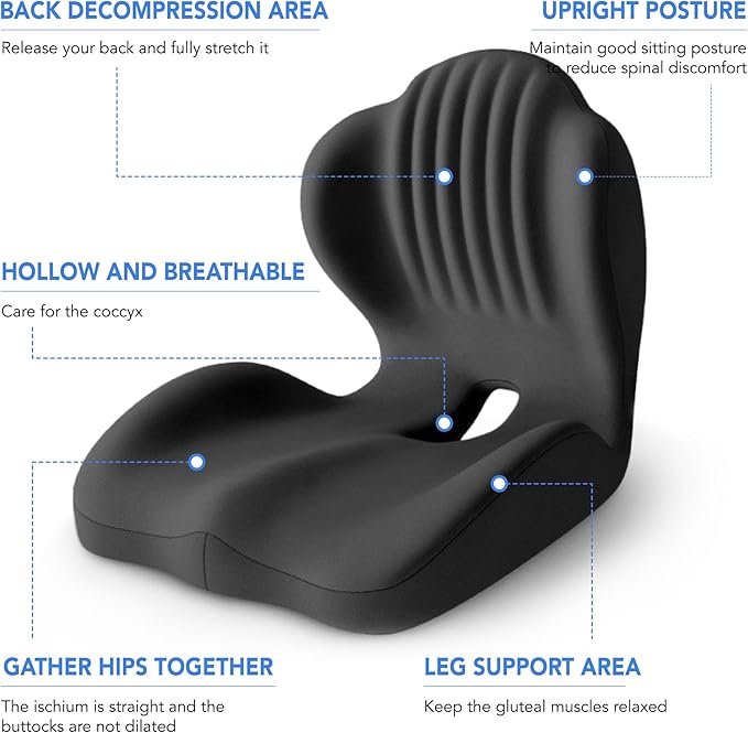 Ergonomic Waist Support and seat Cushion, 2-in-1 Memory Foam pad, Hollow Design for The Coccyx, Suitable for Office Chairs, car Safety Seats and Household use - relieves Lower Back and Hip Pain Black