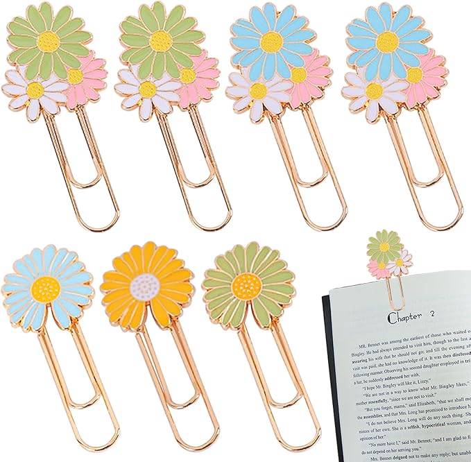 7 PCS Daisy Paper Clips Metal Paperclip Large Size Paper Clip Cute Bookmark Colorful Office Supplies Present for Teacher & Students, Bookmark Clamp Desk Accessories Stationery for School