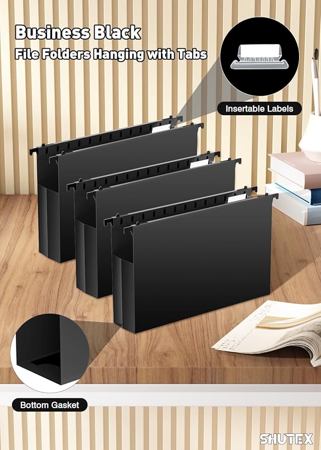 Extra Capacity Legal Size Hanging File Folders,12 Pack Reinforced Plastic Hanging Folder, Heavy Duty 2 Inch Expansion, Filing Cabinet Folders for Bulky Files, Medical Charts, Black