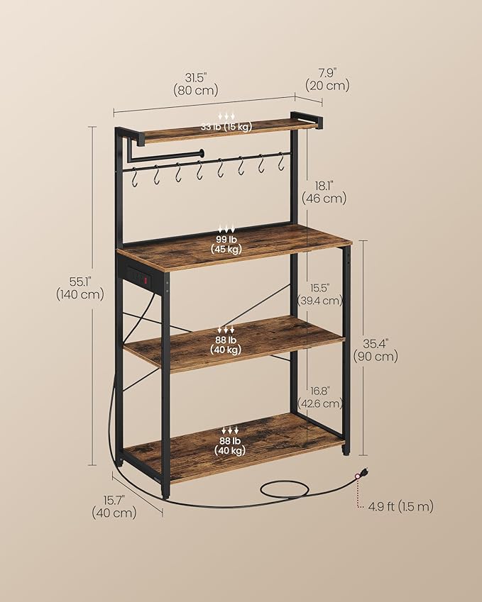 VASAGLE Kitchen Bakers Rack with Power Outlet, Coffee Bar 4-Tier with 8 S Hooks, Microwave Stand, Adjustable Shelf, 15.7 x 31.5 x 55.1 Inches, Rustic Brown and Ink Black UKKS029KD01