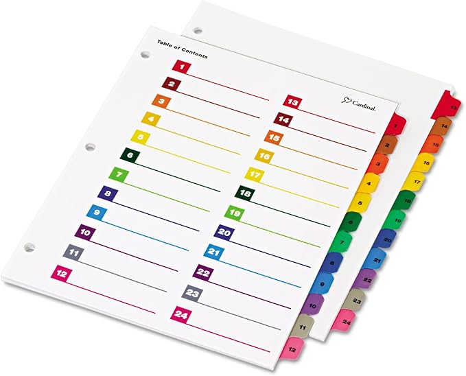Cardinal Binder Dividers, 24 Tabs, Numbered 1–24, Customizable Table of Contents Page, Reversible Multicolor Tabs, 3-Hole Punched for Binders