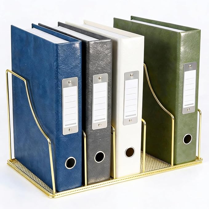 Simmer Stone Gold Binder Organizer for Desk, 5 Slot Metal Wire Vertical File Sorter with Mesh Bottom, Large Desktop Magazine Holder Rack for 2 Inch Binders, Medical Coding Books, Vinyl Records, 12.1"
