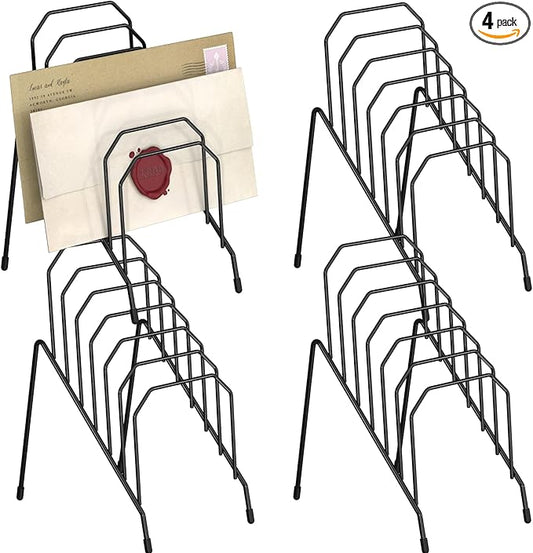 Incline Desk Mail Organizer, Mail Sorter Letter Organizer Rack with 6-Section Vertical Compartments Rack for Letters, Postcards, Brochures, Mail Holder for Office, Home, School (4 Pack)
