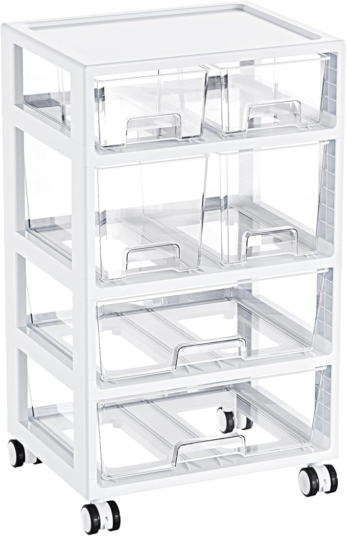 Vtopmart Plastic Drawer Storage Orangizer, 4 Tier 6 Drawers with Wheels for Office Supplies, Art Crafts, Under Desk Storage for Office, Bathroom, Dresser, 1 Pack/Clear