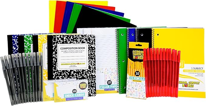 High School Writing Bundle | Case (2 Boxes) - 51 Pieces per Box | School Supply Boxes - Back to School Essentials | Includes Composition Books, Loose Leaf Paper, Index Cards, 12 ct. Pens & More