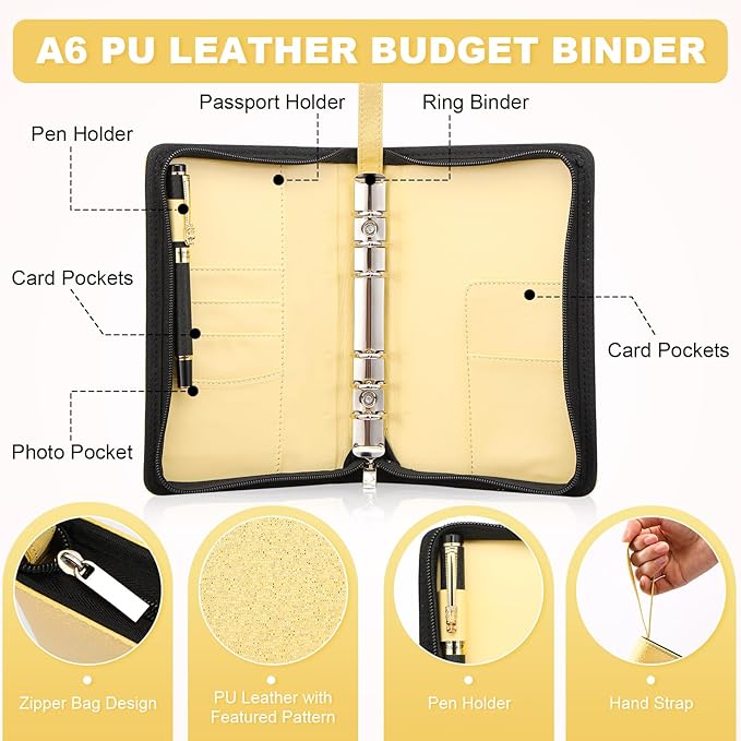 Toplive A6 Budget Binder with Zipper, 6 Ring Refillable Planner Binder Cover for A6 Cash Budget System, PU Leather Personal Organizer Personal Wallet Binder, Glitter Gold