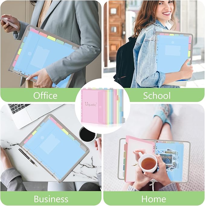 Uquelic Document Organizer, Soft PVC Binder with 12 Colorful Pockets - Zipper Binder 3 Ring with Dividers Letter Size (11'' x 8.5'')-Large Capacity Cute Folder for School, Office & Home Use (Grey)