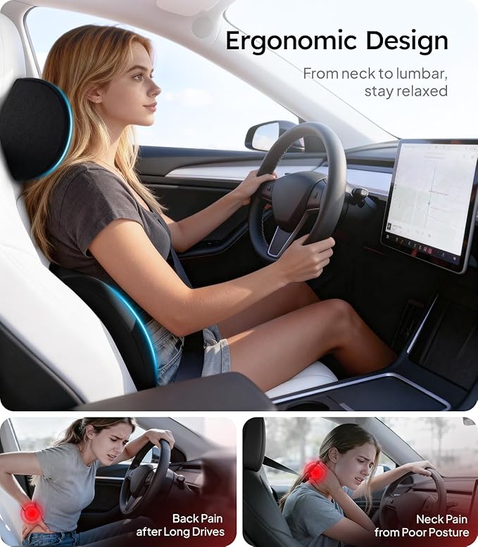 Wigoo 2026 Car Neck Pillow and Lumbar Support Pillow for Car Kit [Ergonomic Design, Pressure Relief] Soft Car Headrest Pillow Back Cushion with Adjustable Strap, Fits All Vehicles (Black)