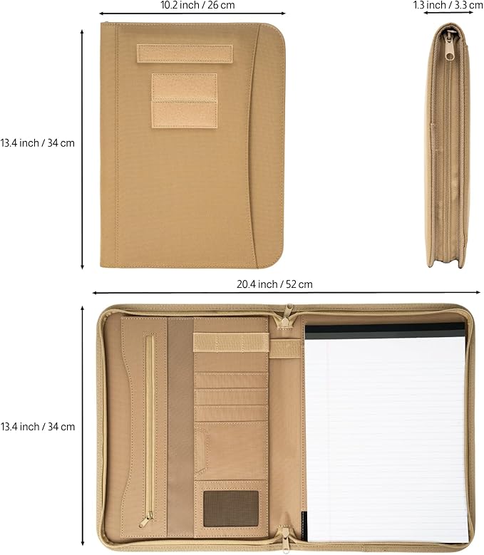 Military Zippered Padfolio and Tactical Notebook Cover with Legal Pad for A4 Folder, Large OCP Binder Planner for Men and Women - Army Leaders Book Organizer(Coyote)