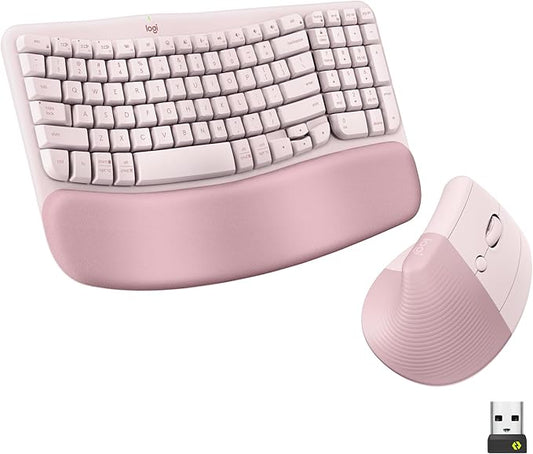 Logitech Wave Keys & Lift Vertical Mouse - Ergonomic Wireless Keyboard and Mouse Combo - with Cushioned Palm Rest, Easy-Switch, Bluetooth, for Multi-OS, Windows/Mac - Rose