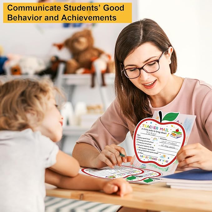 50Pcs Teacher Mail Notes to Parents, Happy Mail from Teacher, Brag Cards for Students Behavior Classroom Must Haves to Send Home for Preschool Kindergarten Elementary School Supplies (Apple)