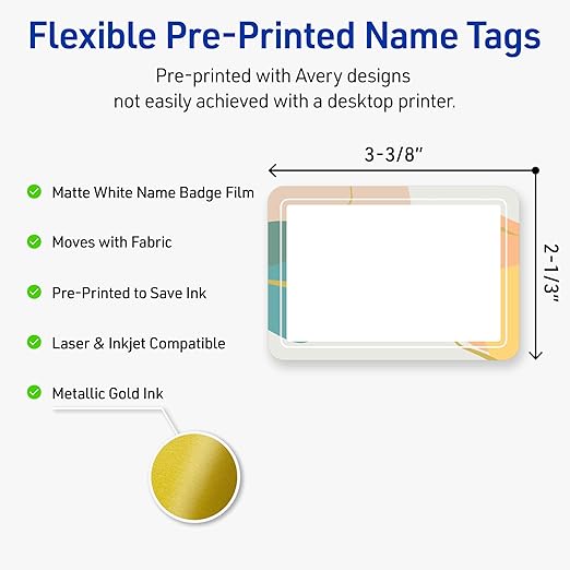 Avery Printable Adhesive Name Badges, 2-1/3" x 3-3/8", Pre-Printed Color Block with Metallic Gold Veins Design, Matte White, Laser & Inkjet Compatible, 80 Total