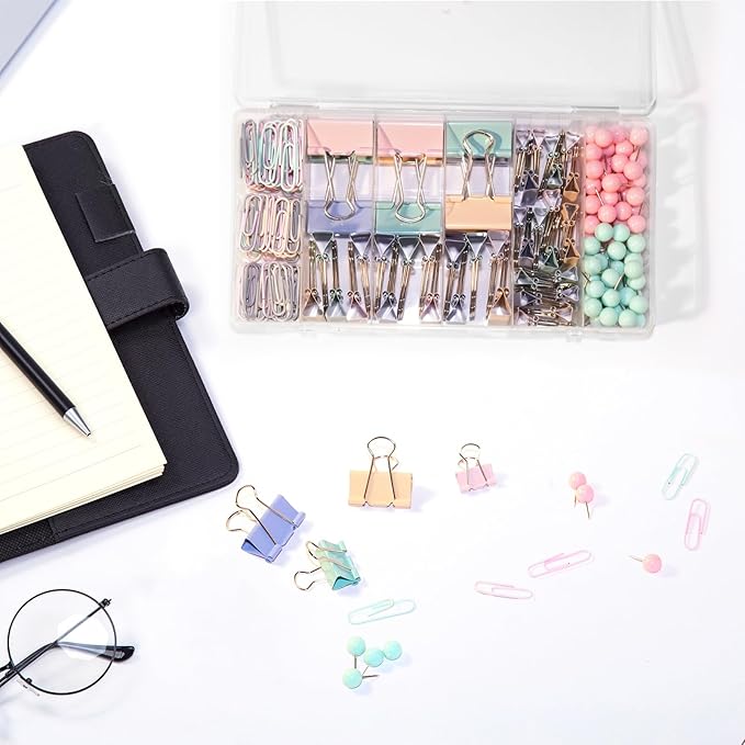 260 Pcs Binder Clips Assorted Sizes & Paper Clips Set with Push Pins | Cute All-in-One Office Supply Kit for School, Home & Desk Organization