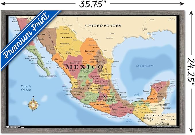Trends International Map - Mexico Wall Poster, 22.375" x 34", Barnwood Framed Version