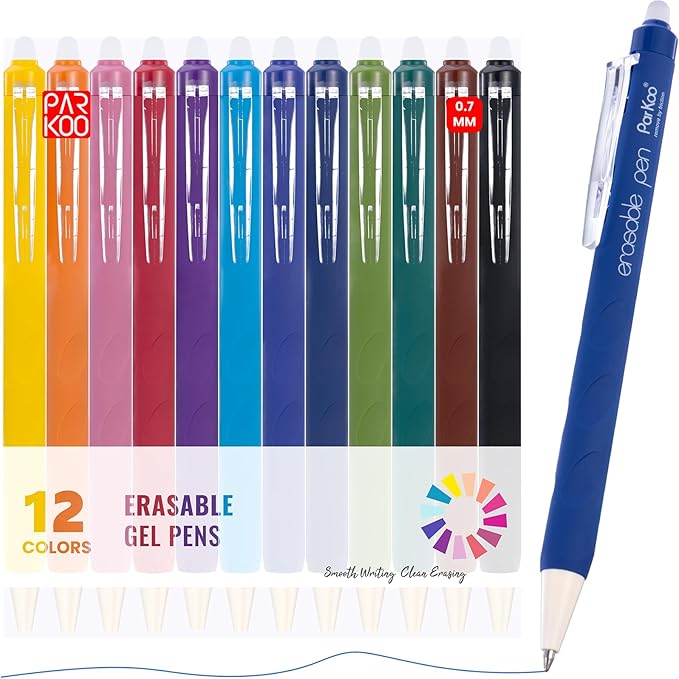ParKoo Erasable Gel Pens, 12 Colors Retractable Erasable Colored Pens Fine Point 0.7mm, Make Mistakes Disappear, Assorted Color Inks for Drawing Coloring Writing Planner