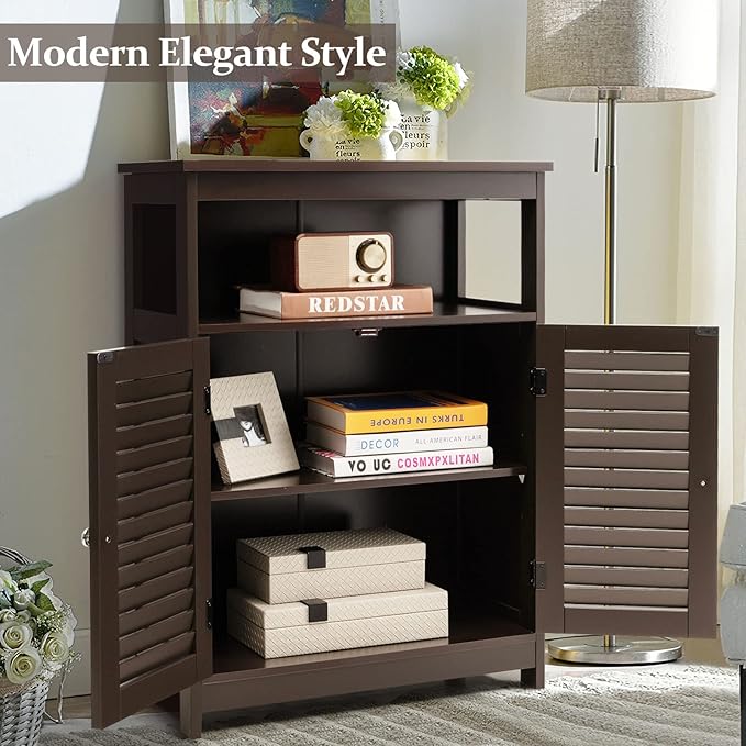 COSTWAY Bathroom Storage Cabinet, Wooden Side Storage Organizer with Louver Doors & Removable Shelf, Freestanding Floor Cabinet for Living Room, Kitchen, Entryway (Brown)