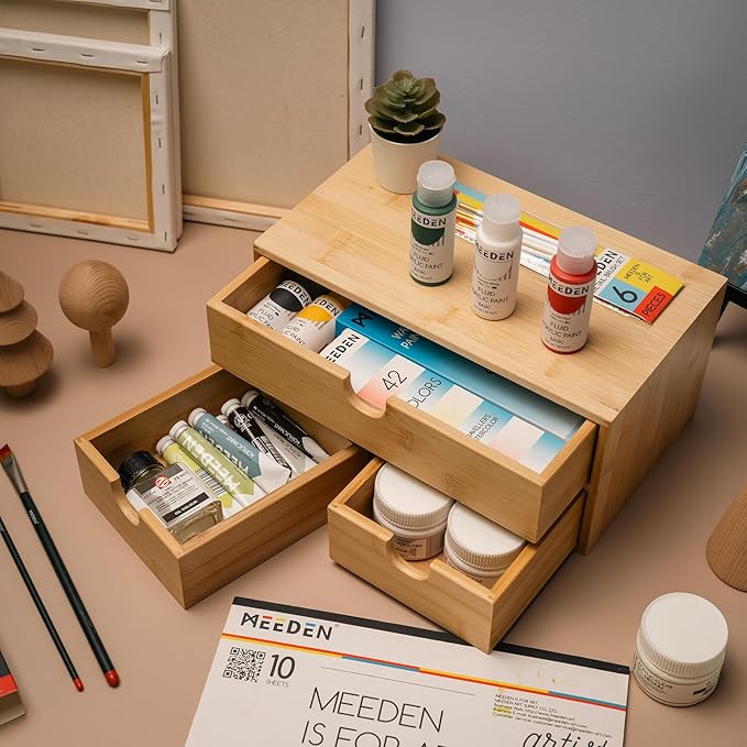 MEEDEN Bamboo Desk Organizer with Drawers: Desktop Storage Drawer Container - Tabletop Storage Organization Box for Office Home Toiletries Supplies