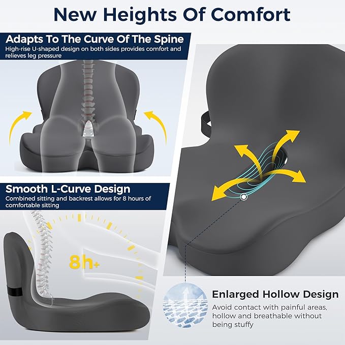 Seat Cushion, Office Chair Cushions for Tailbone Relief, Seat Cushions for Office Chair with L-Shaped Ergonomic Design & Adjustable Strap, Memory Foam Chair Cushion for Long Sitting Worker(Dark Gray)