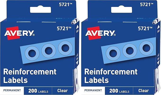 Avery Self-Adhesive Hole Reinforcement Stickers,1/4" Diameter Hole Punch Reinforcement Labels,Clear,Non-Printable,200 Labels (5721),(Pack of 2)