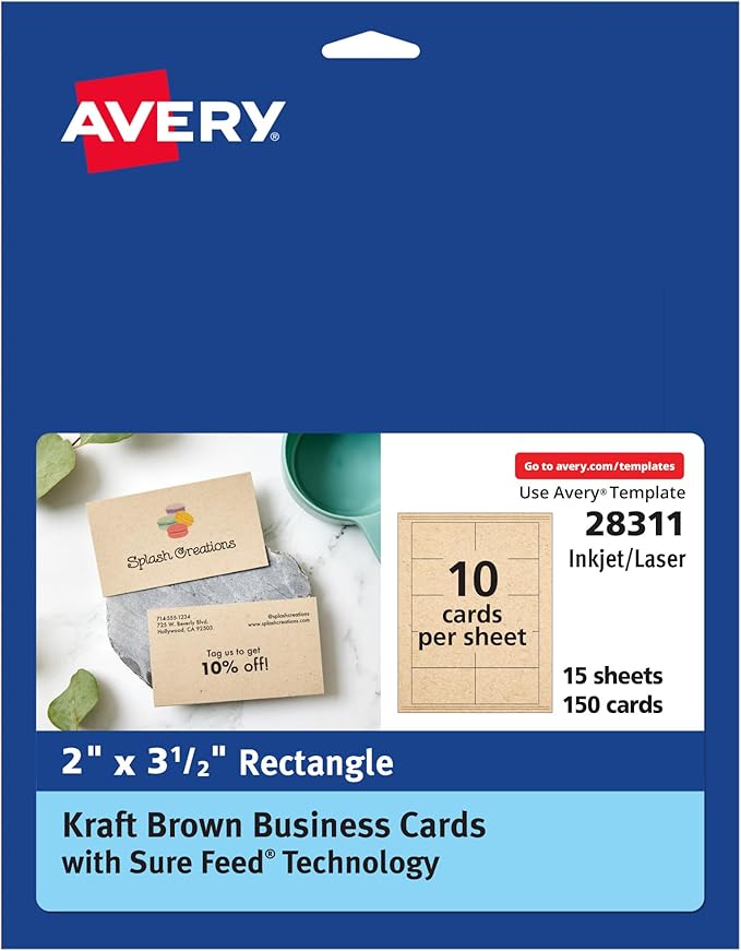 Avery Kraft Brown Business Cards with Sure Feed Technology, 2" x 3.5", Laser/Inkjet, 150 Printable Cards, Ideal for Appointments & Loyalty (28311)