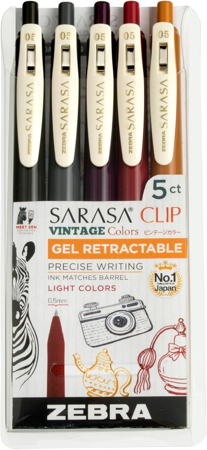Zebra Pen Sarasa Clip Retractable Gel Pen, 0.5mm Fine Point, Dark Assorted Vintage Ink Colors, Water Based, Ideal for Office and School, Journal, Note Taking and Planner Use, 5-Pack (47455)