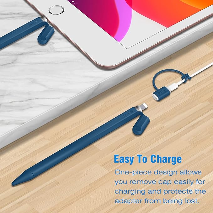 Fintie Silicone Sleeve Compatible with Apple Pencil 1st Generation, Ultra Light Pen Skin Case Cover Soft Protective Pencil Grip Holder with 2 Nib Covers & Cable Adapter Tether, Cyan Blue