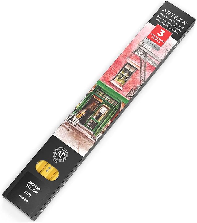 Arteza Professional Watercolor Pencils, Pack of 3, A102 Jasmine Yellow, Water-Soluble Pencils for Coloring, Blending, Layering & Watercolor Techniques