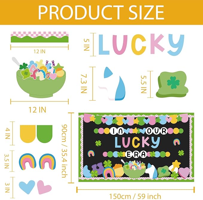 87Pcs St. Patrick's Day Bulletin Board Decorations Set Lucky Charm Unicorn Gold Coin Paper Cutouts Funny Shamrock March Classroom Decor for Chalkboard Window Wall Door Irish Party Home Office School