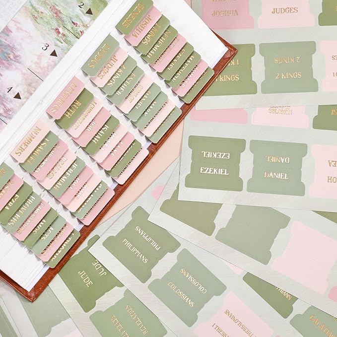 Bible Tabs, 66 Gold Foil Pre-Printed Chapter Labels + 39 Blank Water Lilies Theme Laminated Index Tabs with Alignment Ruler, Bible Journaling Study Supplies for Women & Men, Bible Sticker Accessories