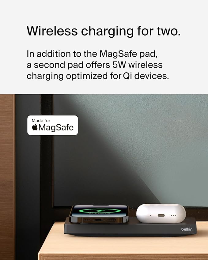 Belkin 2-in-1 Wireless Charging Pad with MagSafe 15W, Fast Charging iPhone Charger - Wireless Charging Station for iPhone 17, 16, 15, and 14 Series, AirPods, and Other MagSafe Enabled Devices - Black