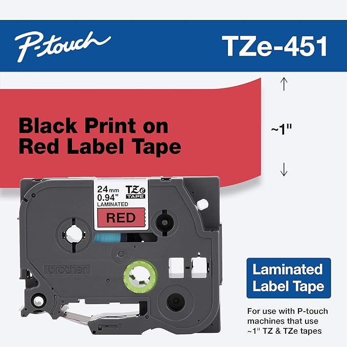 Brother Tape, Retail Packaging, 1 Inch, Black on Red (TZe451) (Pack of 1)
